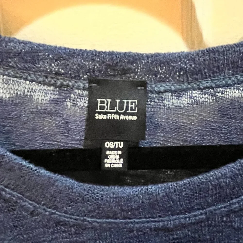 Womens BLUE Saks Fifth Avenue Blue Poncho Sweater Top With Fringe One Size - Picture 2 of 5